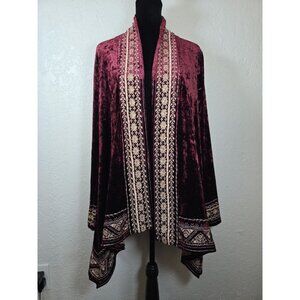 Andree by Unit Burgundy Crushed Velvet Embroidered Open Kimono Cardigan Small